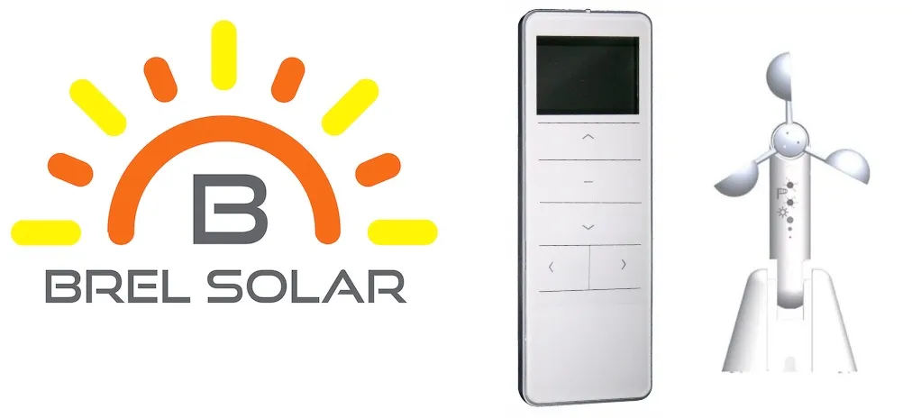 Logo Brel Solar met zon en letter B, bedieningspaneel voor zonwering en windmolen ventilator