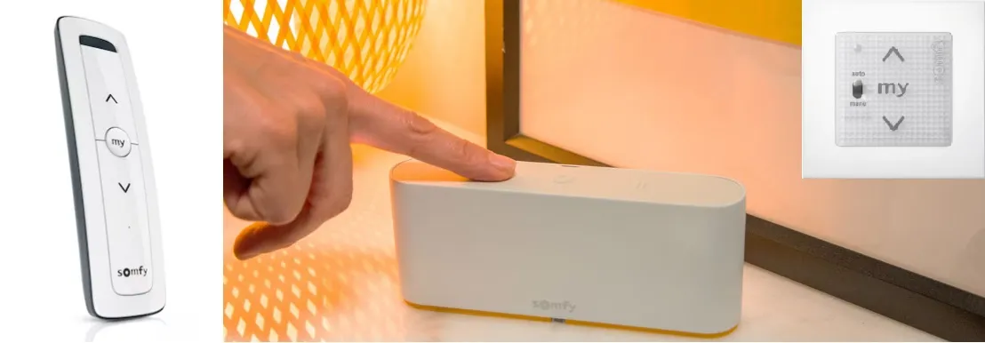 Witte Somfy bedieningsknop met my-link knop en pijlen voor bediening zonwering