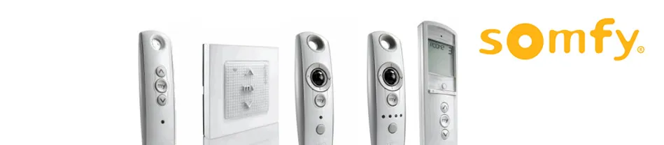 Vijf verschillende Somfy afstandsbedieningen in wit en grijs met knoppen en display