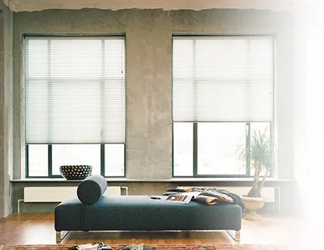 Moderne woonkamer met donkere plissezonwering voor grote ramen en een loungebank