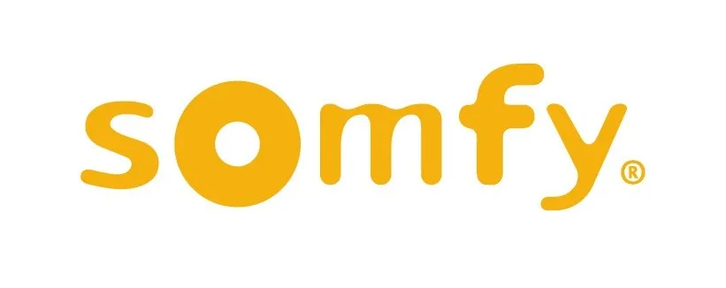 Gele logo-tekst 'somfy' met geregistreerd merk-symbool